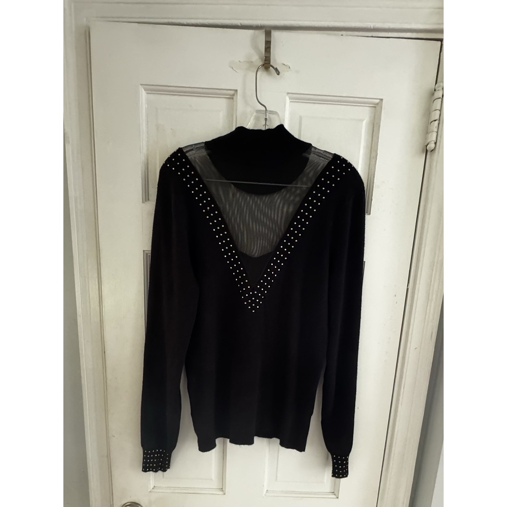 💙Venus Woman's Sz XL Black Mesh Insert‎ Metal Accents Sweater Sexy Date Night - Picture 3 of 9